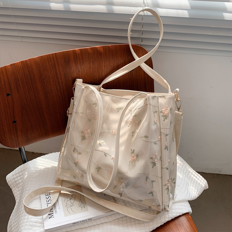 White Clear Tote Bag Flower Printed Crossbody Tote with Removable Strap| PRUSES-2