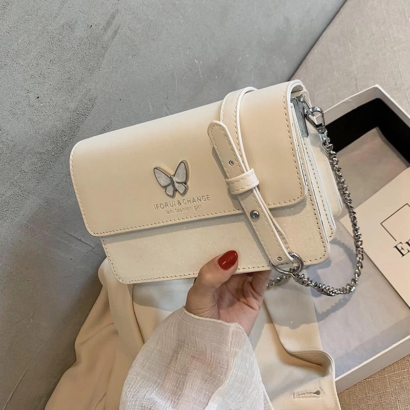 White Glitter Flap Butterfly Crossbody Chain Bag Purse with Zipper| PRUSES