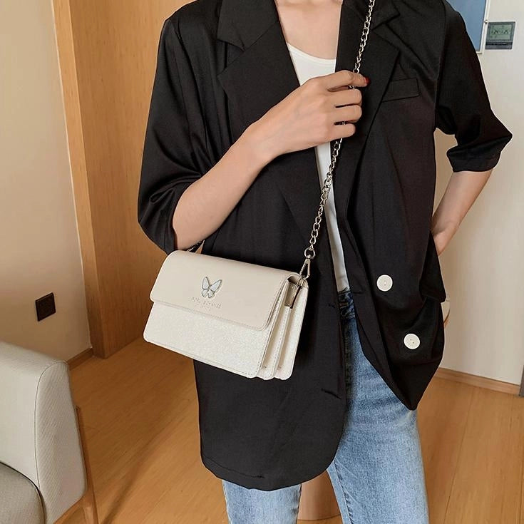 White Glitter Flap Butterfly Crossbody Chain Bag Purse with Zipper| PRUSES