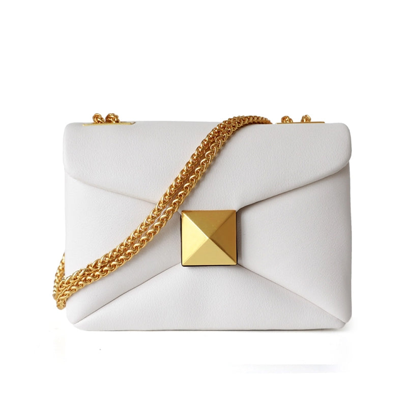 White Leather Quilted Bag Fashion Rivet Crossbody Chain Bag| PRUSES