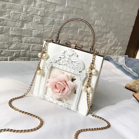 White Retro Flowers Box Mini Crossbody Bags Lolita Pearl Chain Bag | PRUSES