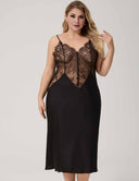 Women Plus Size Black Satin Lace Trim Spaghetti Strap Nightgown