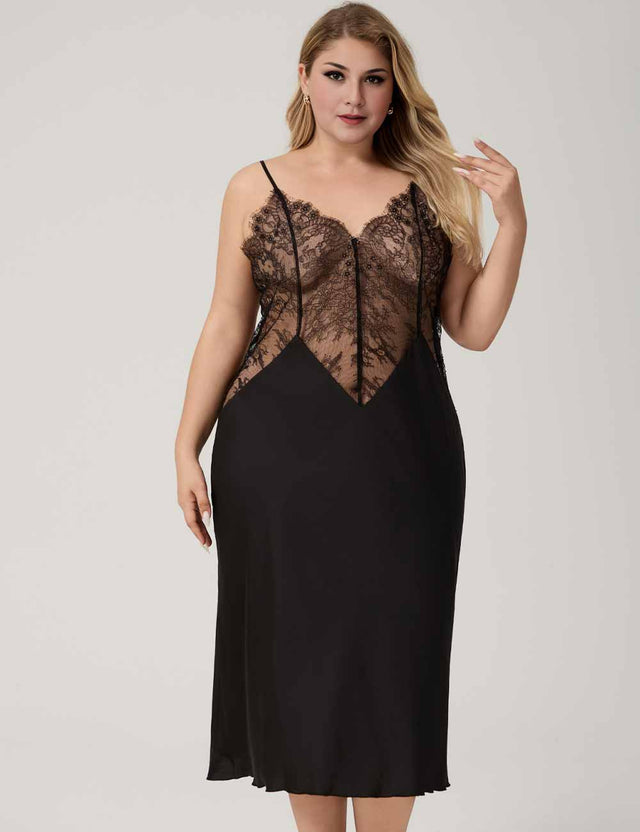 Women Plus Size Black Satin Lace Trim Spaghetti Strap Nightgown