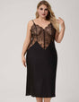 Women Plus Size Black Satin Lace Trim Spaghetti Strap Nightgown