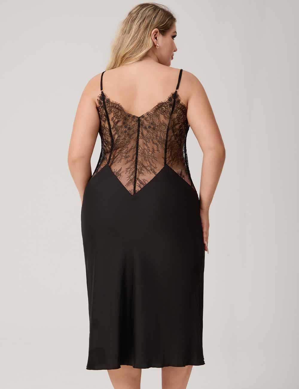 Women Plus Size Black Satin Lace Trim Spaghetti Strap Nightgown back view