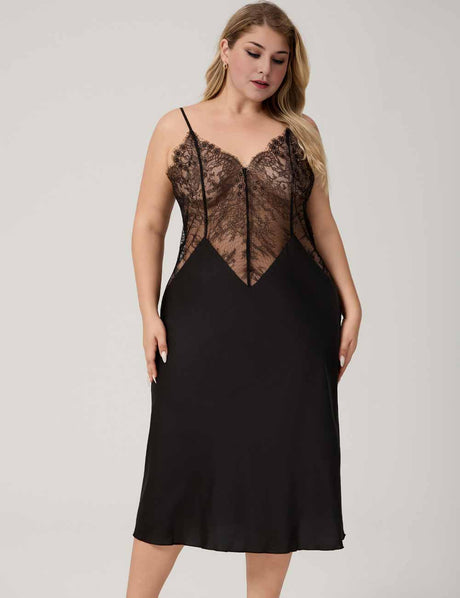 Women Plus Size Black Satin Lace Trim  Nightgown