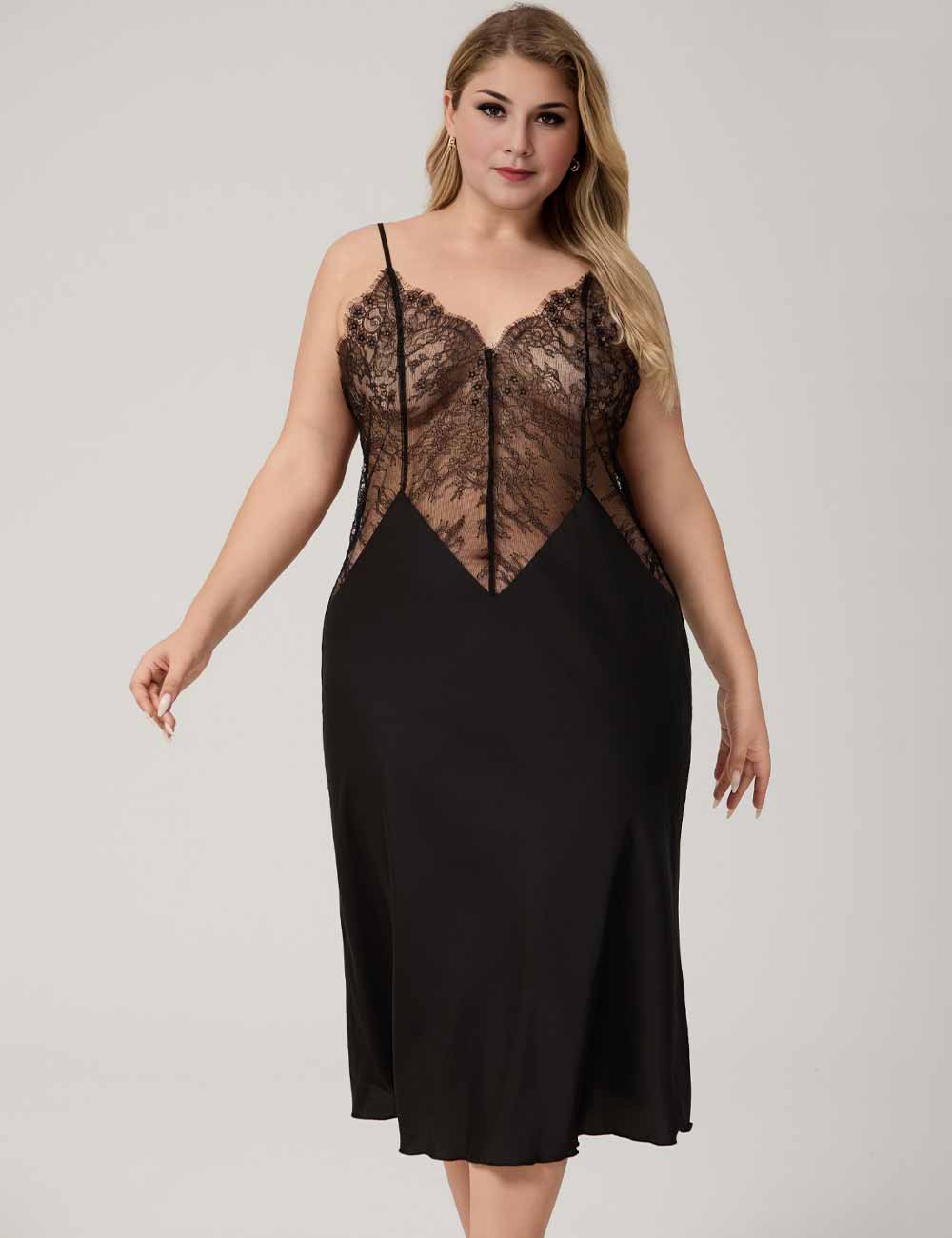 Women Plus Size Black Lace Trim  Nightgown
