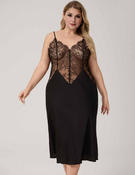 Women Plus Size Black Lace Trim  Nightgown