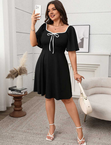 Plus Size Black Square Neck Bow Tie A-Line Midi Dress