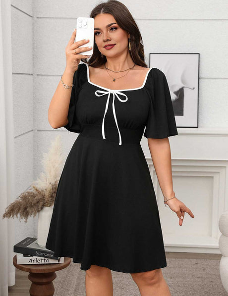 Plus Size Black Square Neck Short Sleeve A-Line Midi Dress