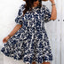 Plus Size Blue Leaf Print Ruffle Sleeve Dress
