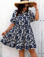 Plus Size Blue Leaf Print Ruffle Sleeve Dress