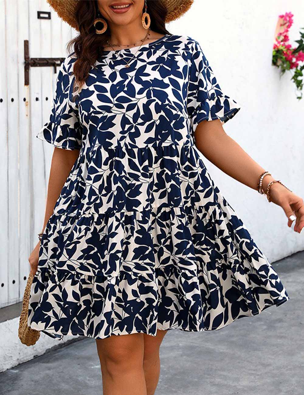 Plus Size Blue Leaf Print Ruffle Sleeve Dress Vacation Sundress