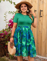 Plus Size Green Patchwork Midi Dress