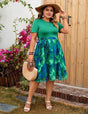 Green Plus Size Patchwork Floral Dress with Belt