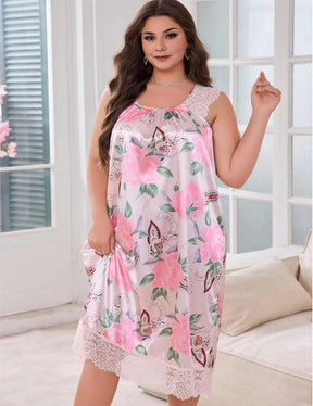 Women Plus Size Pink Floral Lace Trim Sleeveless Nightgown