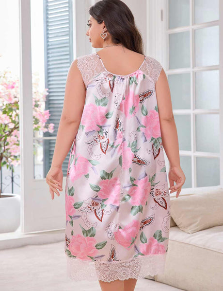 Women Plus Size Pink Floral Lace Trim Sleeveless Nightgown Back View