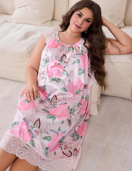 Women Plus Size Floral Lace Trim Sleeveless Nightgown