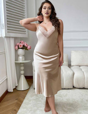 Women Plus Size Champagne V-Neck Long Satin Nightgown with Lace Trim