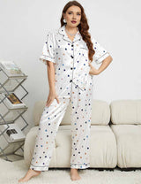 Women Plus Size White Heart Print Satin Short Sleeve Pajamas