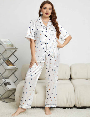 Women Plus Size White Heart Print Satin Short Sleeve Pajamas