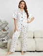 Women Plus Size White Heart Print Satin Short Sleeve Pajamas