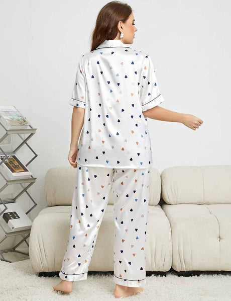 Plus Size White Heart Print Satin Short Sleeve Pajamas Back View