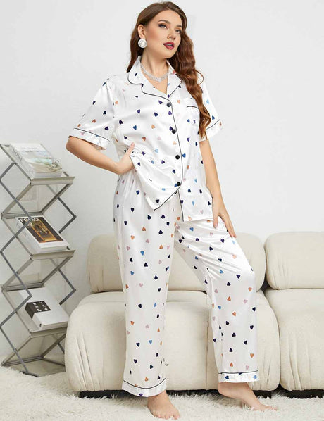 Women Plus Size White Satin Short Sleeve Pajamas