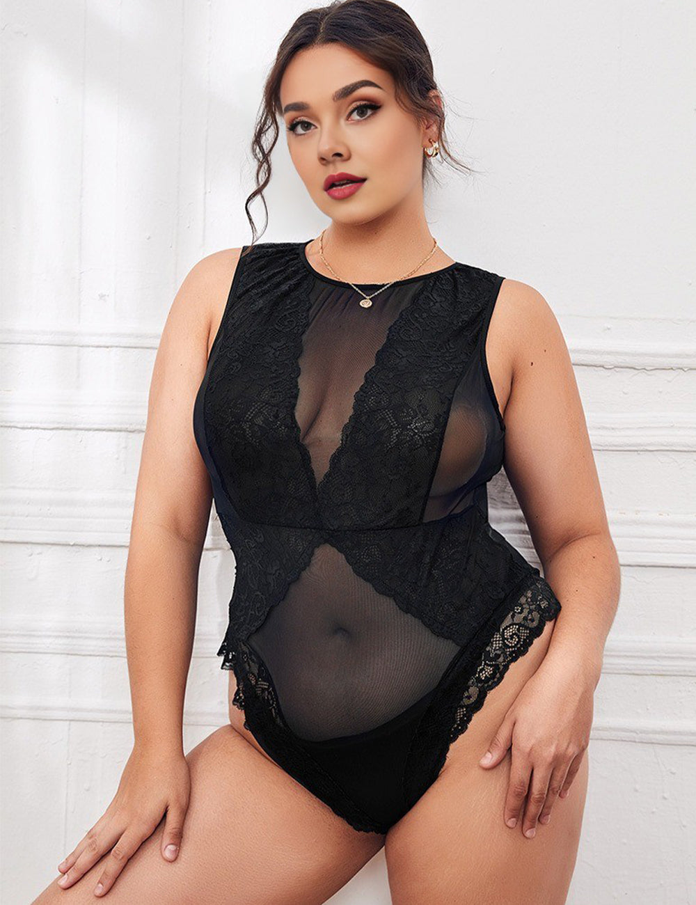 Women Plus Size Black Lace Panel Mesh Bodysuit