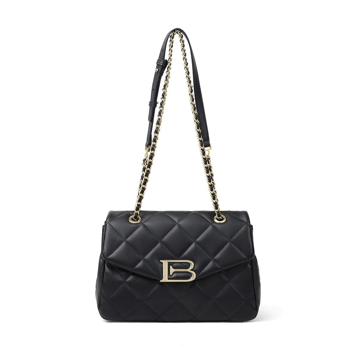 Women PRUSES Black Leather Qulited Shoulder Chain Bags