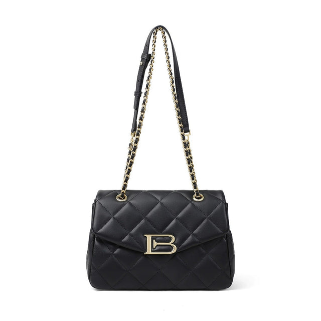 Women PRUSES Black Leather Qulited Shoulder Chain Bags