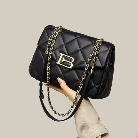 Women PRUSES Black Leather Qulited Shoulder Chain Bags