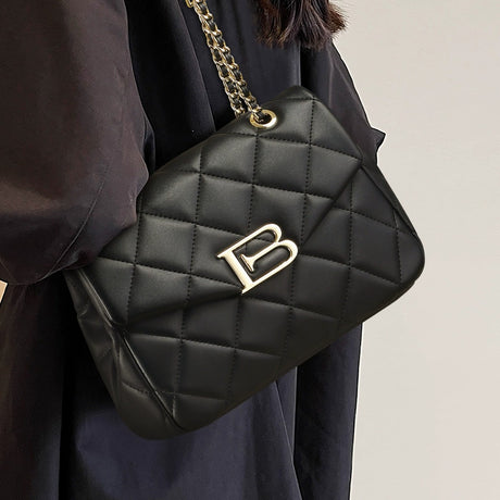 Women PRUSES Black Leather Qulited Shoulder Chain Bags