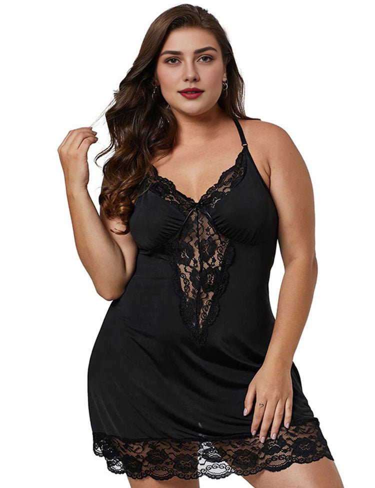 WomenPlusSizeLaceModalSleepwearV-NeckFullSlipSleepBabydoll_18
