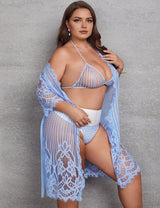 Women Plus Plus Sheer Mesh Lingerie Set with Belted Robe