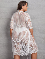 Women Plus Plus Sheer Mesh Lingerie Set with Belted Robe