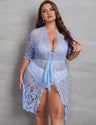 Women Plus Plus Sheer Mesh Lingerie Set with Belted Robe