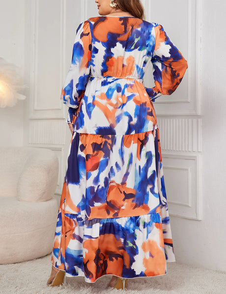 Women Plus Size Abstract Floral Print V-Neck Maxi Dress