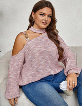 Women Plus Size Asymmetrical Neck Chain Detail Long Sleeve Top