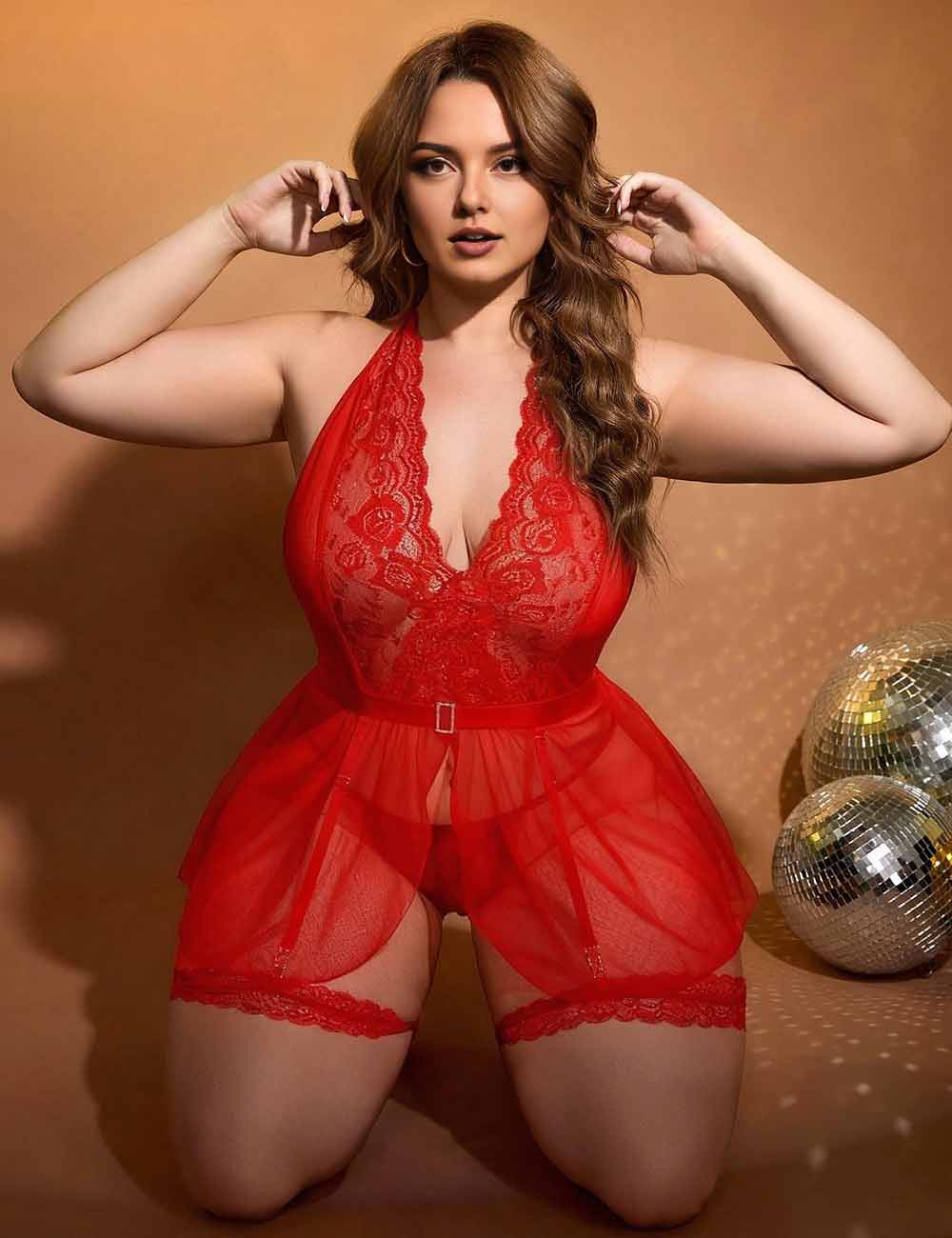 Women Plus Size Backless Lace Mesh Garter Lingerie Set