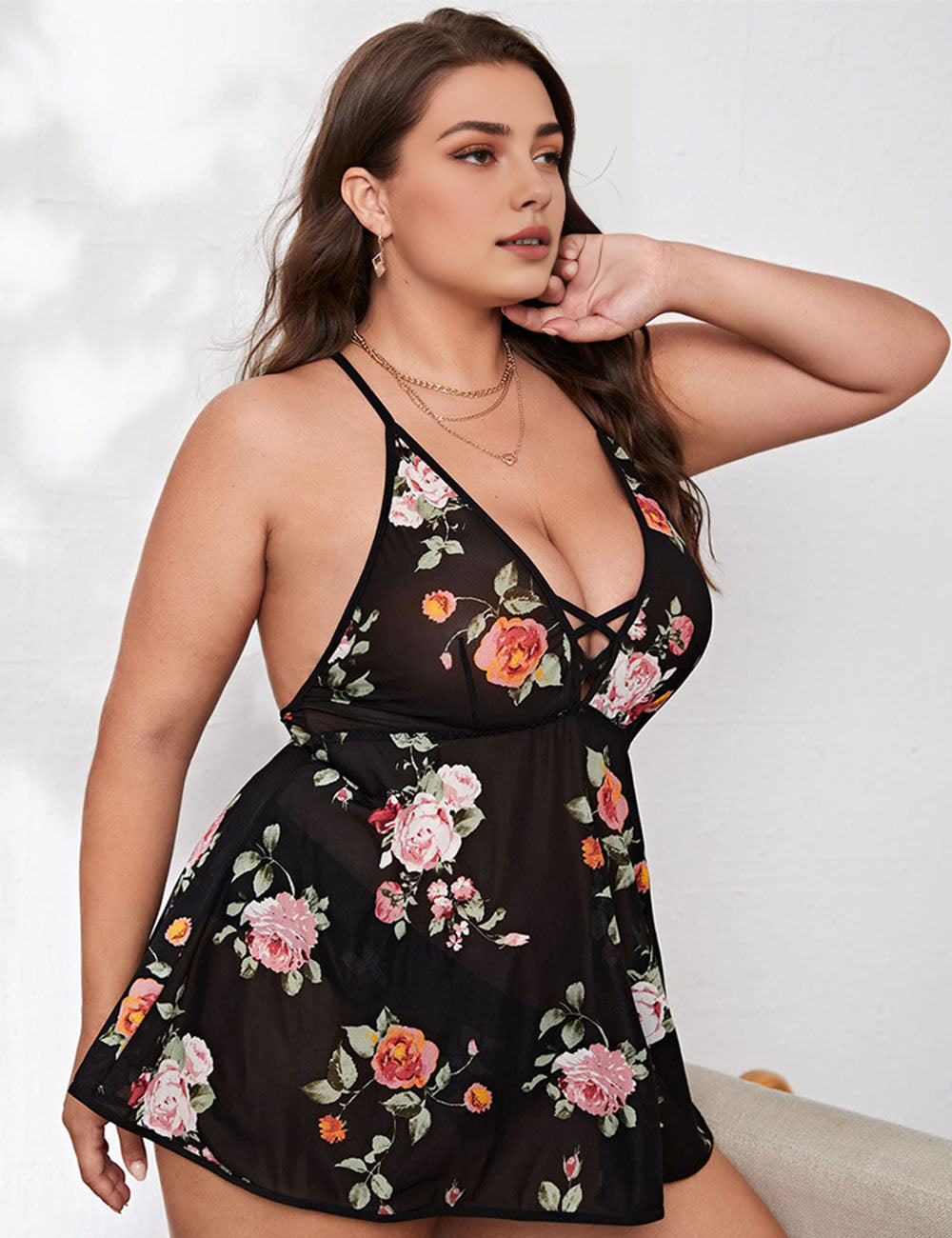 Women Plus Size Backless Mesh Floral Nightdress-1