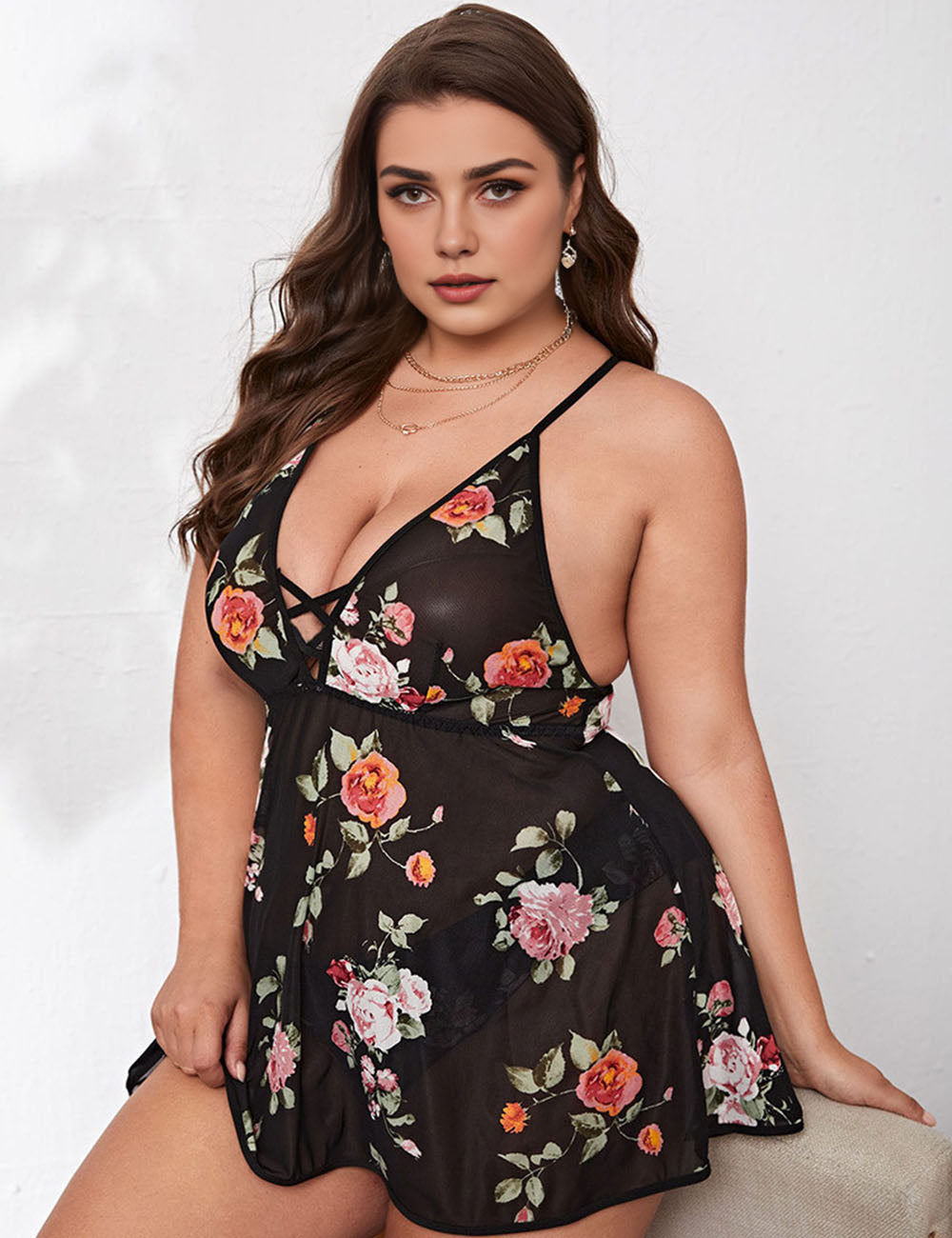 Women Plus Size Backless Mesh Floral Nightdress