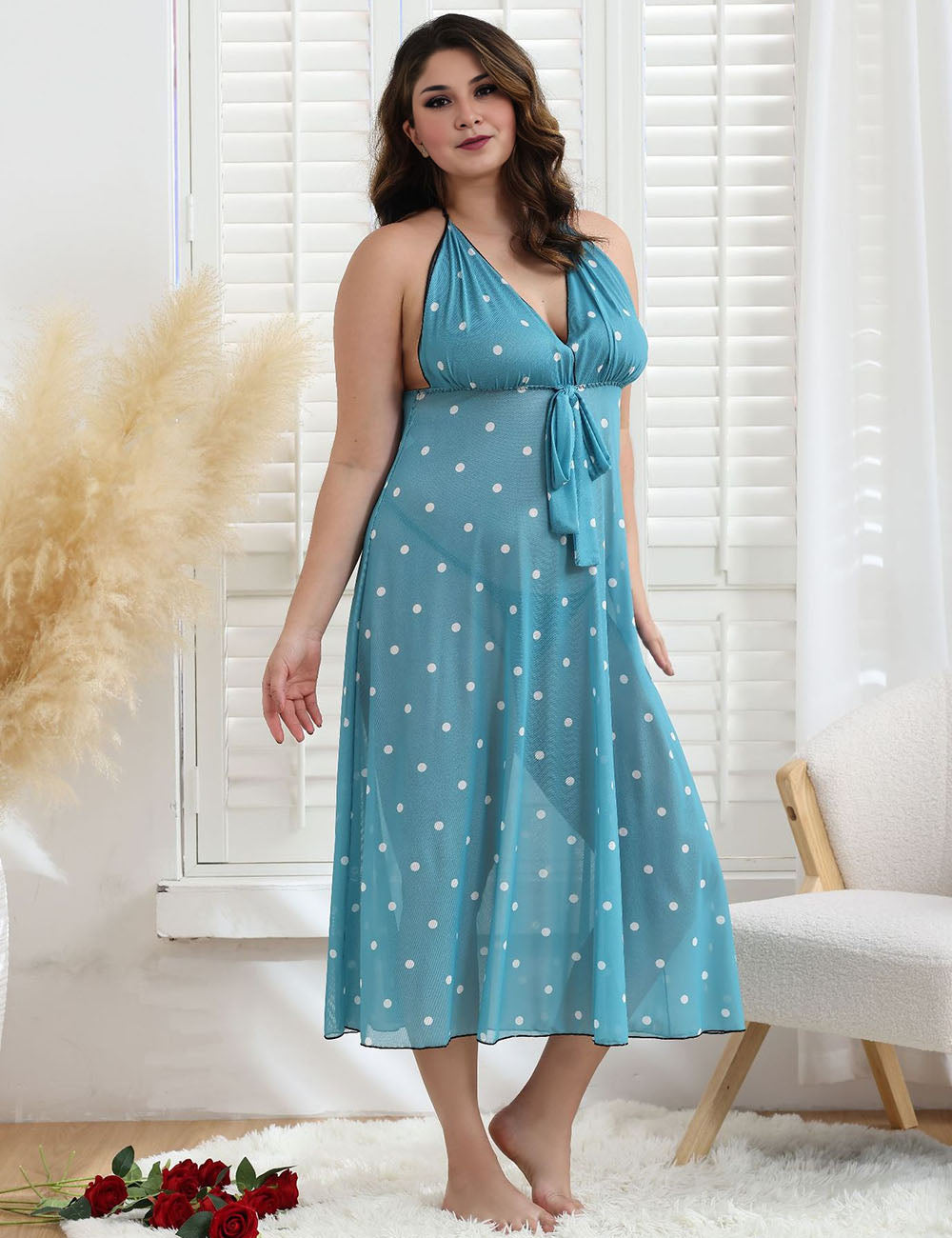 Women Plus Size Backless Polka Dot Mesh See-through Babydoll-2