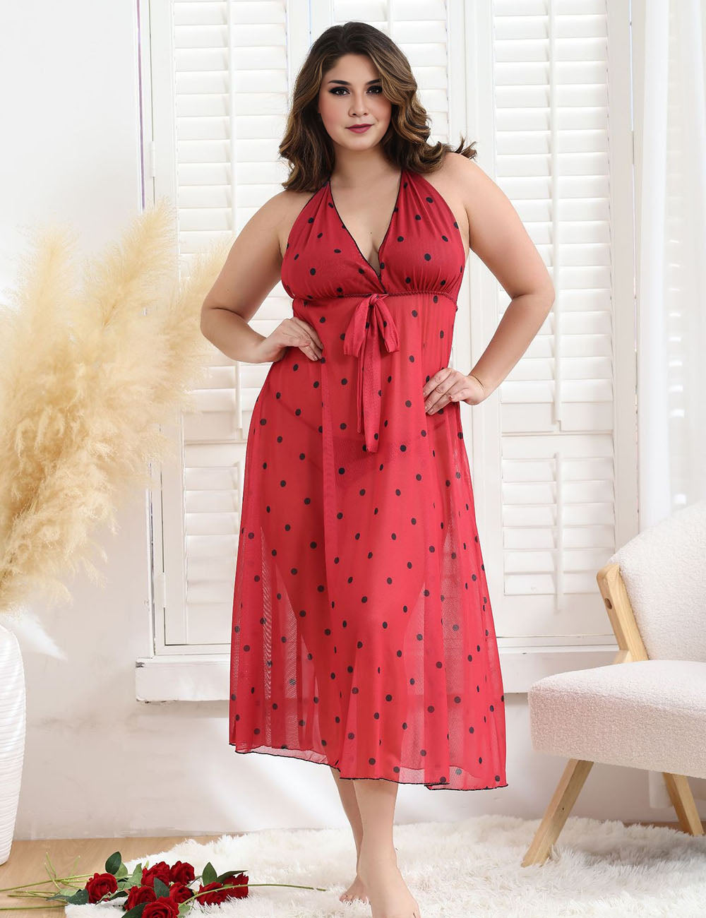 Women Plus Size Backless Polka Dot Mesh See-through Babydoll-4