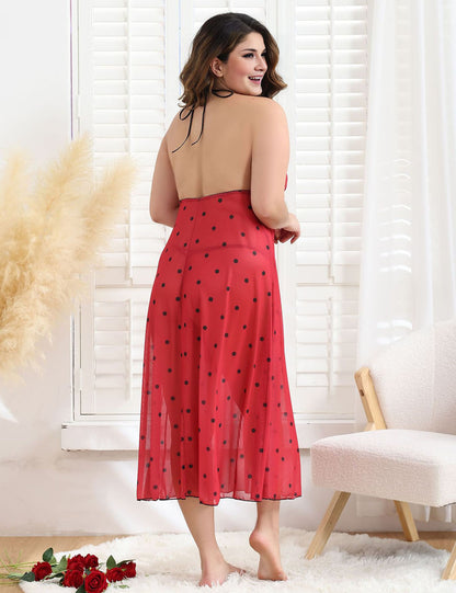 Women Plus Size Backless Polka Dot Mesh See-through Babydoll-6