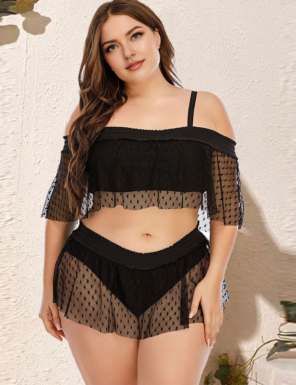 Women Plus Size Batwing Sleeve Two Piece Swimsuit