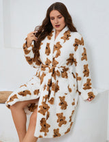 Women Plus Size Bear Pattern Flannel Robe