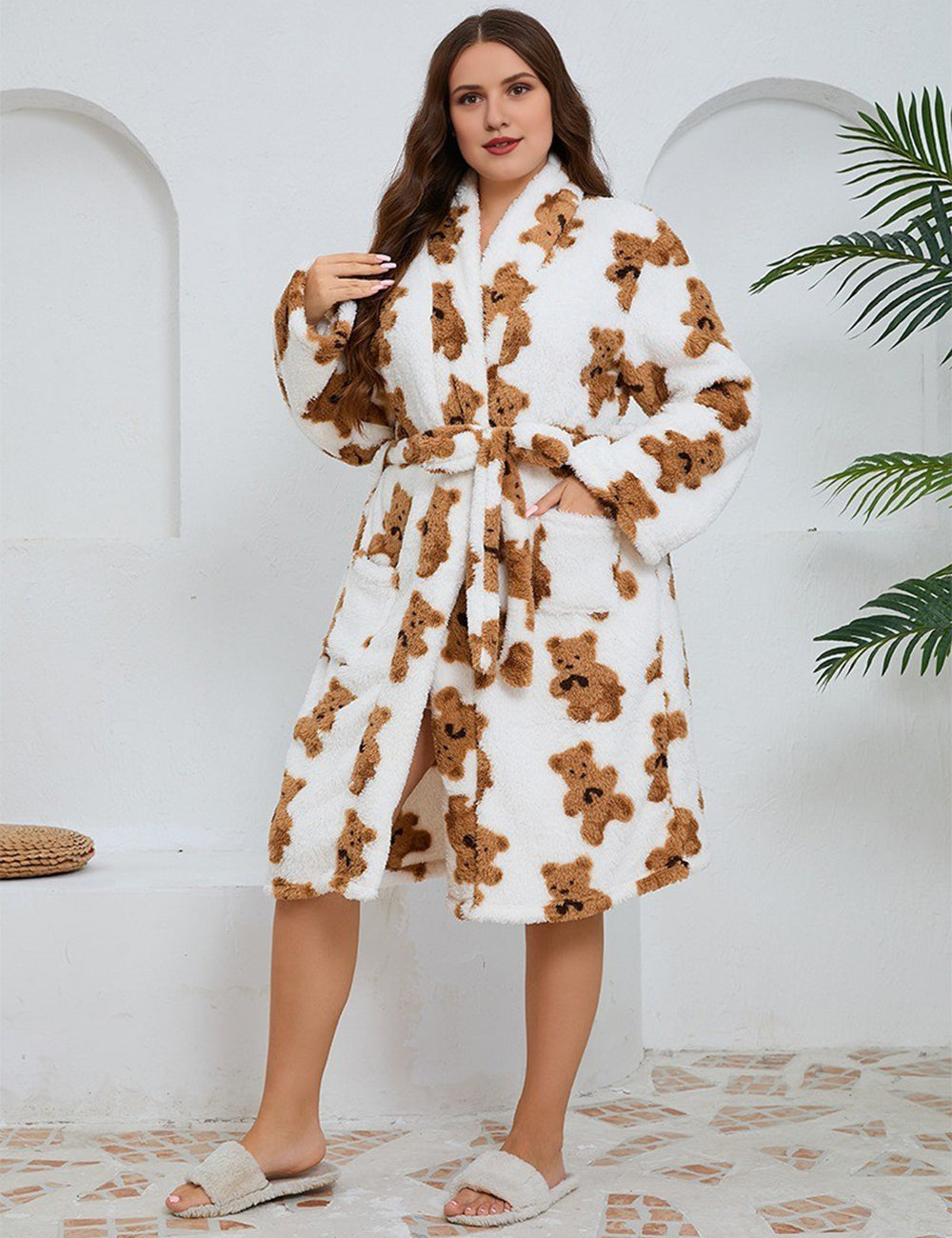 Women Plus Size Bear Pattern Flannel Robe