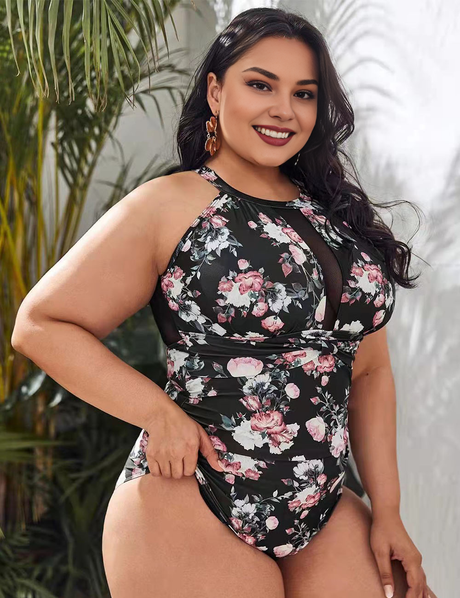 Women Plus Size Bikini Vintage Print Mesh Patchwork Swimsuit-7