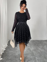 Women Plus Size Black Bow Print Chiffon A-Line Dress